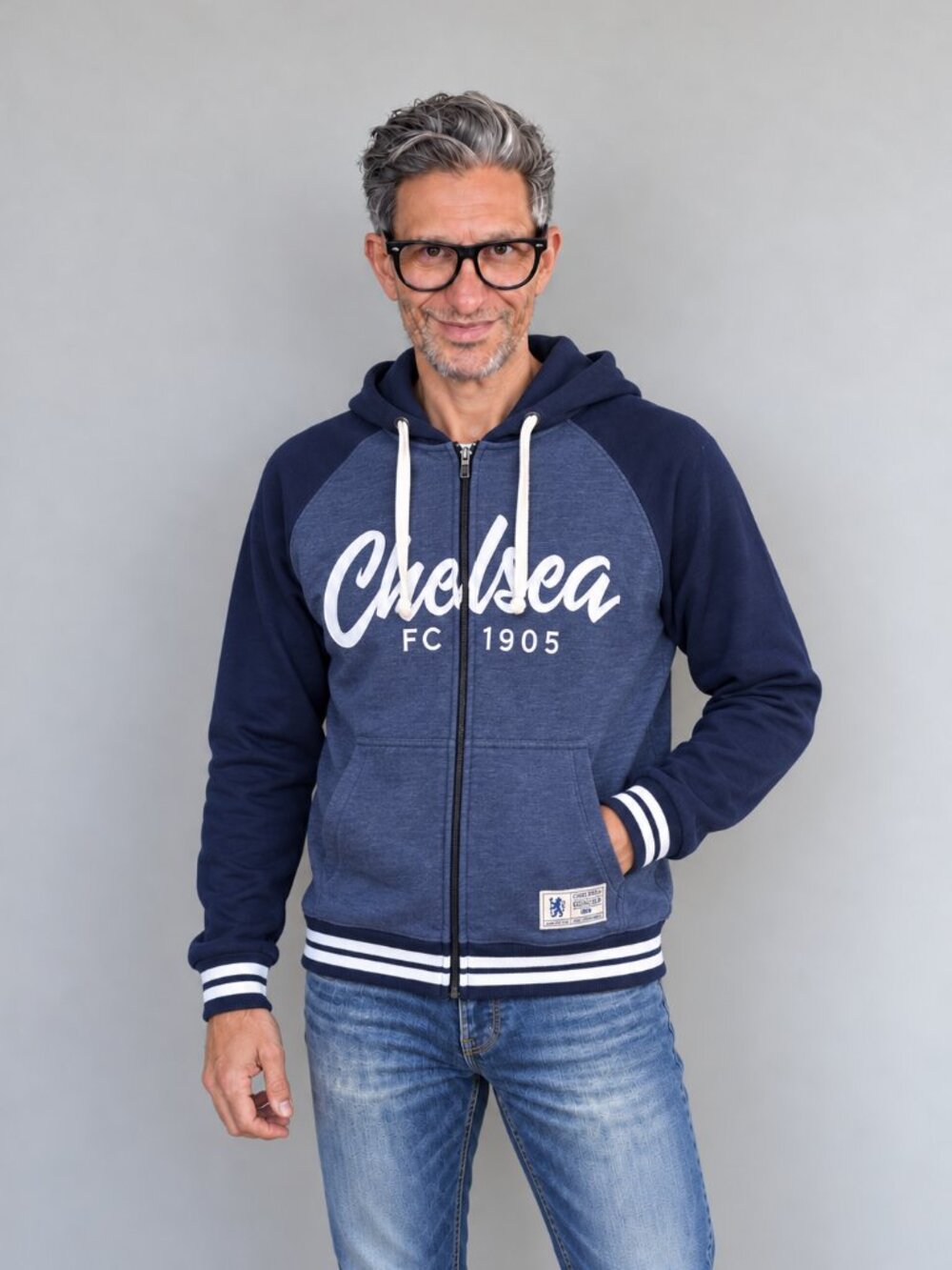 Chelsea FC Men's Full Zip Graphic Sweatshirt Hoodie Navy Blue Small